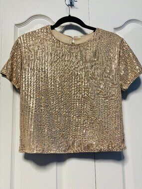 Gold Sequin Short Sleeve Crop Top Blouse Size Small